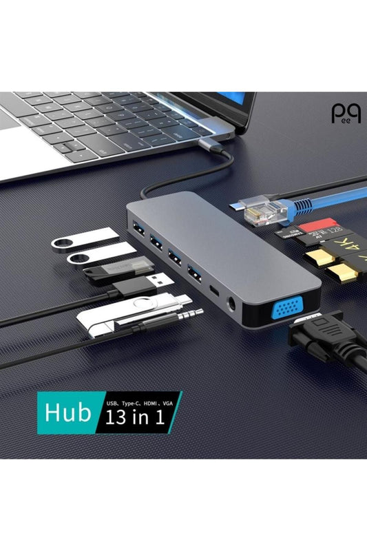 13 In 1 Alüminyum Alaşımlı Hdmı Vga Usb 3.0 Pd Ethernet Macbook Pc Uyumlu Adaptör Çoklayıcı Hub